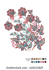 Cross Stitch Flowers. Ready-made template for cross stitching. Catalog of used thread colors. Vector