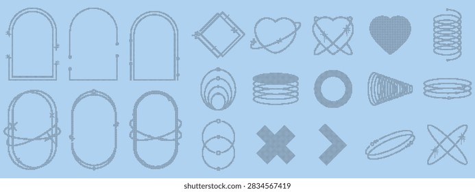 Cross stitch frames and abstract geometric shapes. Modern elements in minimal y2k style.