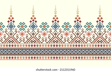 Cross Stitch. Geometric ethnic patterns. Design for Saree, Patola, Sari, Dupatta, Vyshyvanka, rushnyk, dupatta, Clothing, fabric, batik, Knitwear, Embroidery, Ikkat, Pixel pattern. Traditional Design.