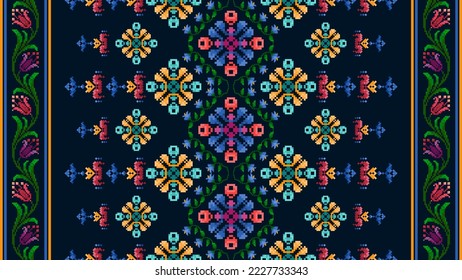 Cross Stitch. Geometric ethnic patterns. Design for Saree, Patola, Sari, Dupatta, Vyshyvanka, rushnyk, dupatta, Clothing, fabric, batik, Knitwear, Embroidery, Ikkat, Pixel pattern. Traditional Design