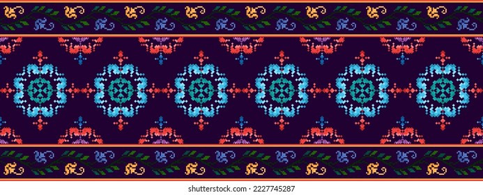 Cross Stitch. Geometric ethnic patterns. Design for Saree, Patola, Sari, Dupatta, Vyshyvanka, rushnyk, dupatta, Clothing, fabric, batik, Knitwear, Embroidery, Ikkat, Pixel pattern. Traditional Design
