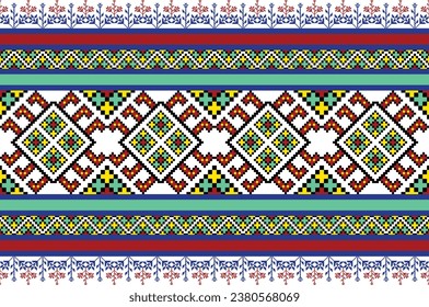 Cross Stitch. Geometric ethnic patterns. Design for Saree, Patola, Sari, Dupatta, Vyshyvanka, rushnyk, dupatta, Clothing, fabric, batik, Knitwear, Embroidery, Ikkat, Pixel pattern. Traditional Design.