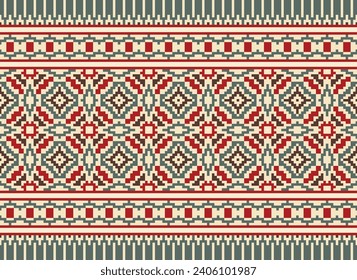 Cross Stitch. Geometric ethnic patterns. Design for Saree, Patola, Sari, Dupatta, Vyshyvanka, rushnyk, dupatta, Clothing, fabric, batik, Knitwear, Embroidery, Ikkat, Pixel pattern. Traditional Design.