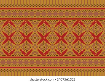 Cross Stitch. Geometric ethnic patterns. Design for Saree, Patola, Sari, Dupatta, Vyshyvanka, rushnyk, dupatta, Clothing, fabric, batik, Knitwear, Embroidery, Ikkat, Pixel pattern. Traditional Design.