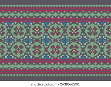 Cross Stitch. Geometric ethnic patterns. Design for Saree, Patola, Sari, Dupatta, Vyshyvanka, rushnyk, dupatta, Clothing, fabric, batik, Knitwear, Embroidery, Ikkat, Pixel pattern. Traditional Design.