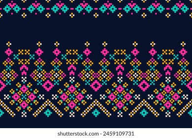 
Kreuzstich. Geometrische ethnische Muster. Design für Saree, Patola, Sari, Dupatta, Vyshyvanka, rushnyk, dupatta, Bekleidung, Stoff, Batik, Strickwaren, Stickerei, Ikkat, Pixel-Muster. Traditionelles Design