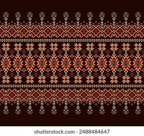 Cross Stitch. Geometric ethnic patterns. Design for Clothing, Fabric, batik, Saree, Patola, Sari, Dupatta, Vyshyvanka, rushnyk, dupatta, Knitwear, Embroidery, Ikkat, Pixel pattern. Traditional Design.