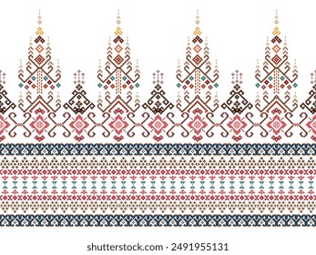 Cross Stitch. Geometric ethnic patterns. Design for Clothing, Fabric, batik, Saree, Patola, Sari, Dupatta, Vyshyvanka, rushnyk, dupatta, Knitwear, Embroidery, Ikkat, Pixel pattern. Traditional Design.