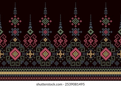 Cross Stitch Geometric ethnic patterns. Design for Saree, Patola, Sari, Dupatta,  dupatta, Clothing, fabric, batik, Knitwear, Embroidery, Pixel ethnic pattern. Traditional Design.