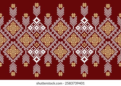 Cross Stitch Geometric ethnic patterns. Design for Saree, Patola, Sari, Dupatta, dupatta, Clothing, fabric, batik, Knitwear, Embroidery, Pixel ethnic pattern. Traditional Design.