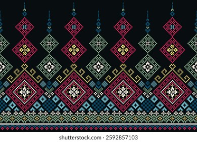 Cross Stitch Geometric ethnic patterns. Design for Saree, Patola, Sari, Dupatta, dupatta, Clothing, fabric, batik, Knitwear, Embroidery, Pixel ethnic pattern. Traditional Design