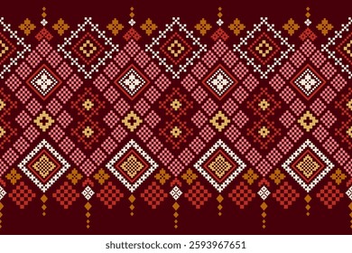 Cross Stitch Geometric ethnic patterns. Design for Saree, Patola, Sari, Dupatta, dupatta, Clothing, fabric, batik, Knitwear, Embroidery, Pixel ethnic pattern. Traditional Design. Pixel art