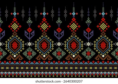 Cross Stitch Geometric ethnic patterns. Design for Saree, Patola, Sari, Dupatta, dupatta, Clothing, fabric, batik, Knitwear, Embroidery, Pixel ethnic pattern. Traditional Design.