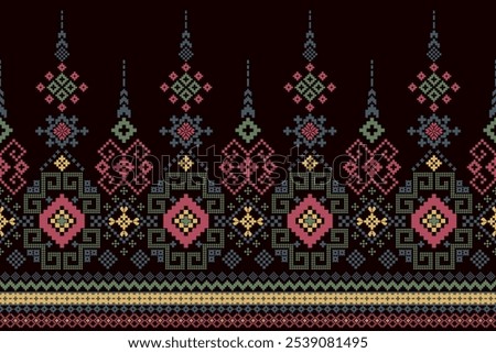 Cross Stitch Geometric ethnic patterns. Design for Saree, Patola, Sari, Dupatta,  dupatta, Clothing, fabric, batik, Knitwear, Embroidery, Pixel ethnic pattern. Traditional Design.