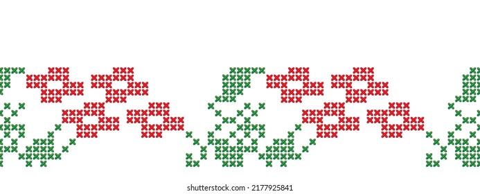 Cross stitch. Geometric horizontal seamless ethnic pattern. Red and green Ukrainian embroidery. Design for towel, dress, shirt, print for fabric, traditional national design.