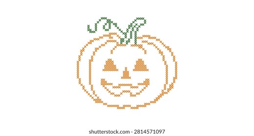 Cross stitch halloween pumpkin element. Spooky embroidery folk art clip art. Orange jack o'lantern motif for digital crafting and seasonal holiday graphics.