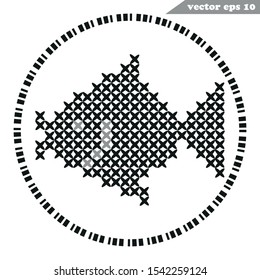 Cross stitch hand made  black fish on white background. Element for logo, print, emblem, badge, poster for craft shop, menu decoation, textile print. Vector illustration. Simple scheme.