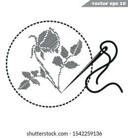 Rosa negra de coser cruzado con fondo blanco. Elemento para logotipo, impresión, emblema, placa, afiche para tienda artesanal.Ilustración vectorial. Flor simple.