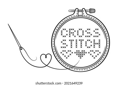 Cross stitch handmade line icon. Embroidery hoop with sewing needle, thread. Needlework workshop label. Canvas fabric with embroidered text, heart ornament. Made with love. Craft hobby. Outline vector