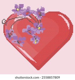 Cross stitch heart with flowers. Floral embroidery pattern, vector illustration.