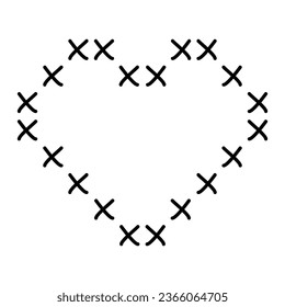 Cross stitch heart outline, holidays design element, flat vector outline for coloring book
