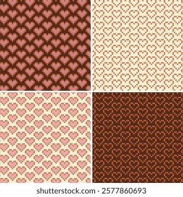 cross stitch hearts seamless patterns with pink orange brown