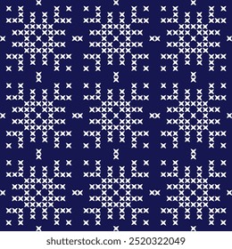  cross stitch Japanese embroidery Sashiko abstract seamless ornaments white line artwork indigo blue background vector design template hand drawn print needle work quilt fabric geometric pattern
