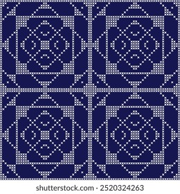  cross stitch Japanese embroidery Sashiko abstract seamless ornaments white line artwork indigo blue background vector design template hand drawn print needle work quilt fabric geometric pattern
