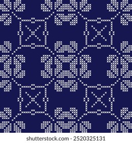  cross stitch Japanese embroidery Sashiko abstract seamless ornaments white line artwork indigo blue background vector design template hand drawn print needle work quilt fabric geometric pattern
