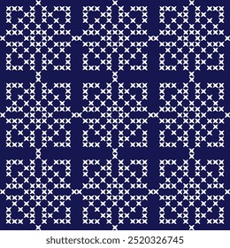  cross stitch Japanese embroidery Sashiko abstract seamless ornaments white line artwork indigo blue background vector design template hand drawn print needle work quilt fabric geometric pattern
