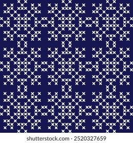  cross stitch Japanese embroidery Sashiko abstract seamless ornaments white line artwork indigo blue background vector design template hand drawn print needle work quilt fabric geometric pattern
