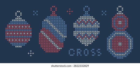 Cross stitch or knitting Christmas tree baubles set. Ornate xmas balls collection. Isolated vector illustration in cute homy vintage style. Editable line.