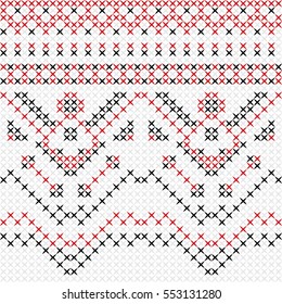 Cross stitch lines dots design for clothing and gift paper ethnic motive red and black