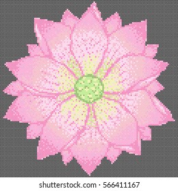 Cross stitch lotus on black background. Vector picture of embroidery or needlework. Pattern for scheme 120x120 sells and 10 colors.