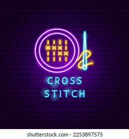 Cross Stitch Neon Label. Vector Illustration of Craftsmanship Promotion.
