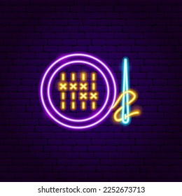Cross Stitch Neon Sign. Vector Illustration of Sewing Handcrafted Handmade Object. Glowing Art.