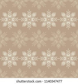 Cross stitch Norwegian snowflakes. Seamless vector background. Folk motives. Winter pattern. Textile rapport.