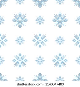 Cross stitch Norwegian snowflakes. Seamless vector background. Folk motives. Winter pattern. Textile rapport.
