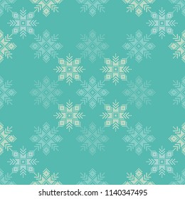 Cross stitch Norwegian snowflakes. Seamless vector background. Folk motives. Winter pattern. Textile rapport.