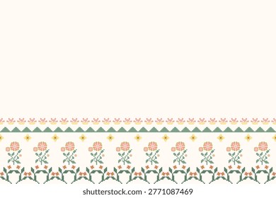 Cross stitch pastel geometric abstract embroidery seamless on beige background pattern. Perfect geometry decorative design for fabric, clothing, background, wallpaper, ceramic, mosaic, interior, decor