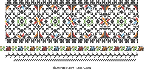 Cross stitch pattern in black, green, red, blue and orange ornament