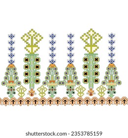 A cross stitch pattern border depicting a serene row of trees