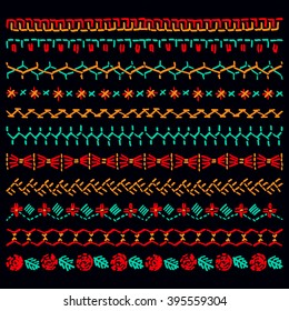 Cross stitch pattern for clothing, elements of folk embroidery, cross stitch vector ornament, set of art brushes with embroidery cross. Vector elements of folk embroidery, stitch, stitching, border