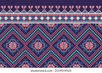 Cross stitch pattern concept. Cross stitch pattern showcasing traditional ethnic geometric pattern, Design for textile, background,carpet,wallpaper,clothing,wrapping,Batik,fabric,Vector illustration.