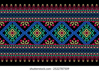 Conceito de padrão de ponto cruzado. Padrão de ponto cruz mostrando padrão geométrico étnico tradicional, Design para têxtil, fundo, tapete, papel de parede, roupas, envoltório, Batik, tecido, ilustração Vetor.