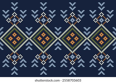 Cross stitch pattern concept. Cross stitch pattern showcasing traditional ethnic geometric pattern, Design for textile, background,carpet,wallpaper,clothing,wrapping,Batik,fabric,Vector illustration.