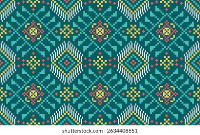 Conceito de padrão de ponto cruzado. Padrão de ponto cruz mostrando padrão geométrico étnico tradicional, Design para têxtil, fundo, tapete, papel de parede, roupas, envoltório, Batik, tecido, ilustração Vetor.