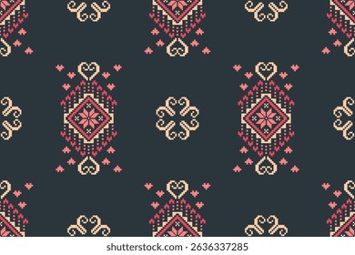 Conceito de padrão de ponto cruzado. Padrão de ponto cruz mostrando padrão geométrico étnico tradicional, Design para têxtil, fundo, tapete, papel de parede, roupas, envoltório, Batik, tecido, ilustração Vetor.