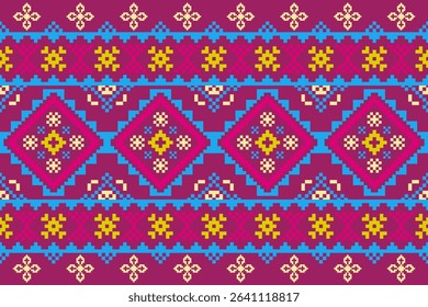 Cross stitch pattern concept. Cross stitch pattern showcasing traditional ethnic geometric pattern, Design for textile, background,carpet,wallpaper,clothing,wrapping,Batik,fabric,Vector illustration.