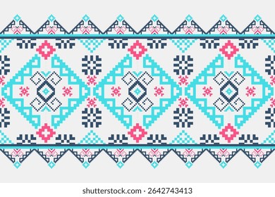 Conceito de padrão de ponto cruzado. Padrão de ponto cruz mostrando padrão geométrico étnico tradicional, Design para têxtil, fundo, tapete, papel de parede, roupas, envoltório, Batik, tecido, ilustração Vetor.